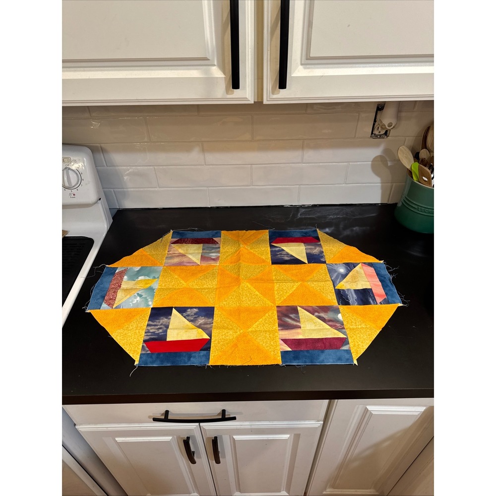 Handmade Quilted Table Runner Small Yellow Blue Sailboat Nautical Patchwork Art